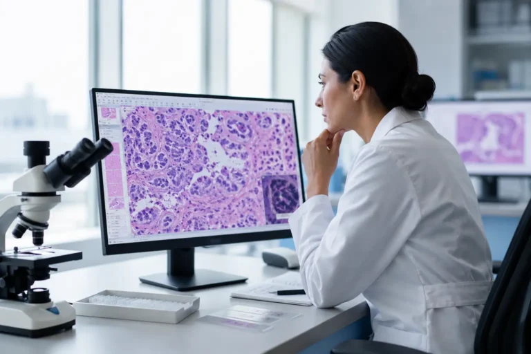 Pathologist reviewing digital pathology slides on a computer screen