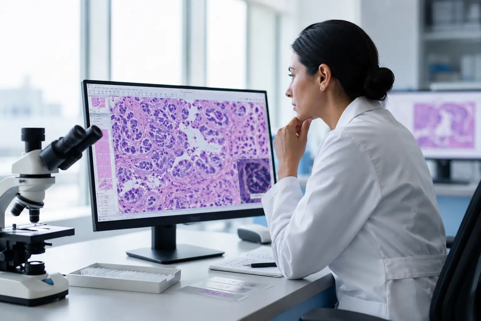 Pathologist reviewing digital pathology slides on a computer screen