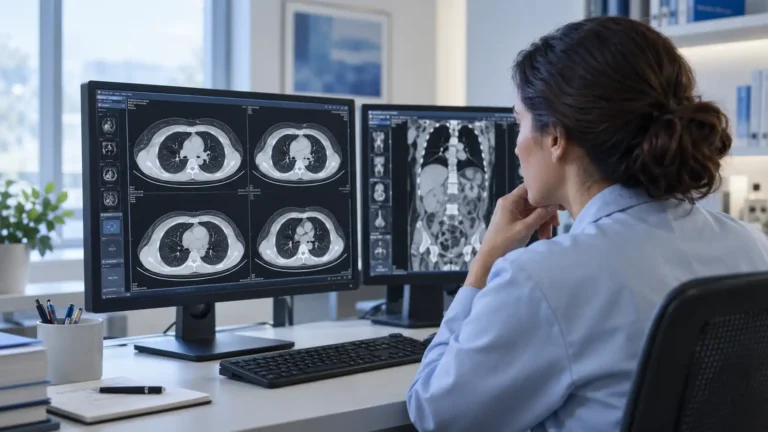 Radiologist reviewing chest CT scans on two diagnostic monitors.