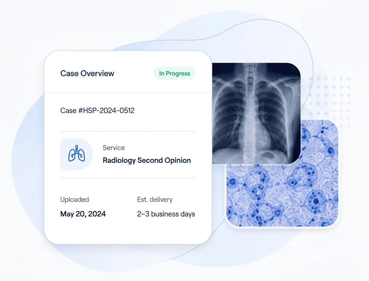 Hospitual case overview showing a radiology second opinion with medical imaging and pathology imagery