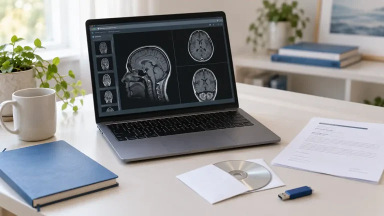 Laptop displaying MRI images beside a CD, USB drive and radiology report on a bright desk