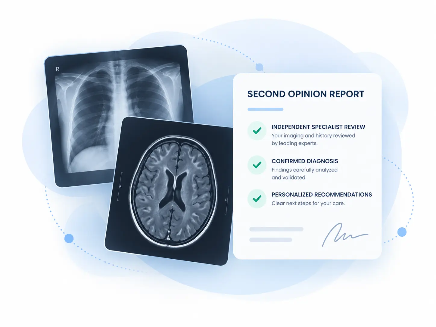 Medical imaging scans alongside a sample second opinion report