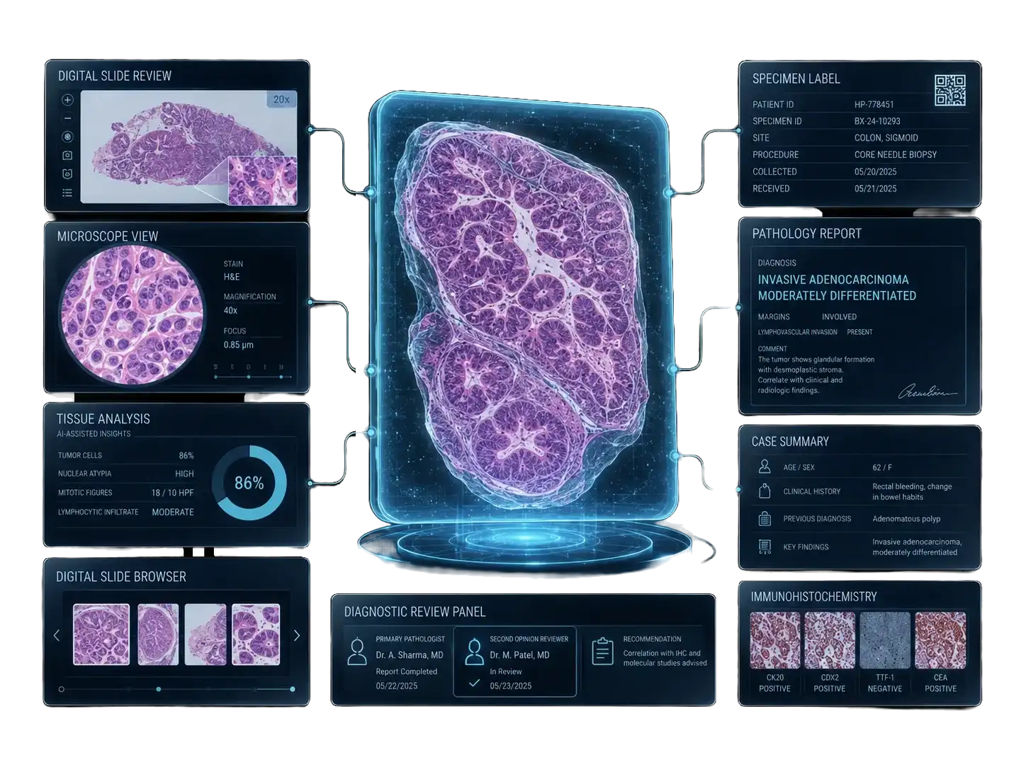 Digital pathology slide review showing biopsy tissue and pathology analysis panels