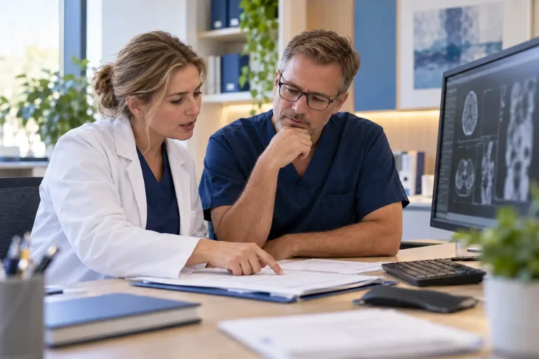 Two clinicians reviewing a report together at a workstation with medical images on a monitor.