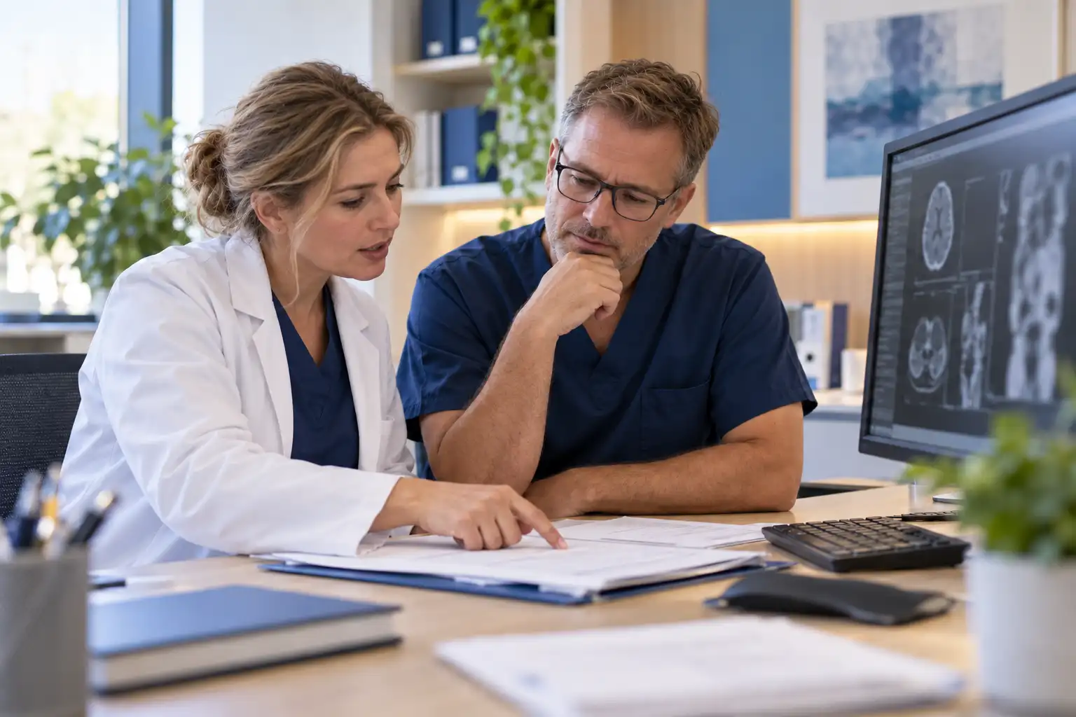 Two clinicians reviewing a report together at a workstation with medical images on a monitor.