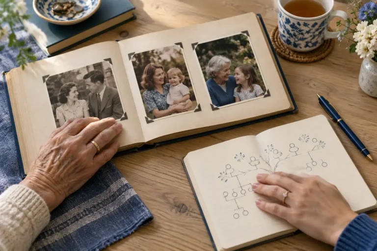 Older and younger hands beside a family photo album and a notebook with a hand-drawn family tree.