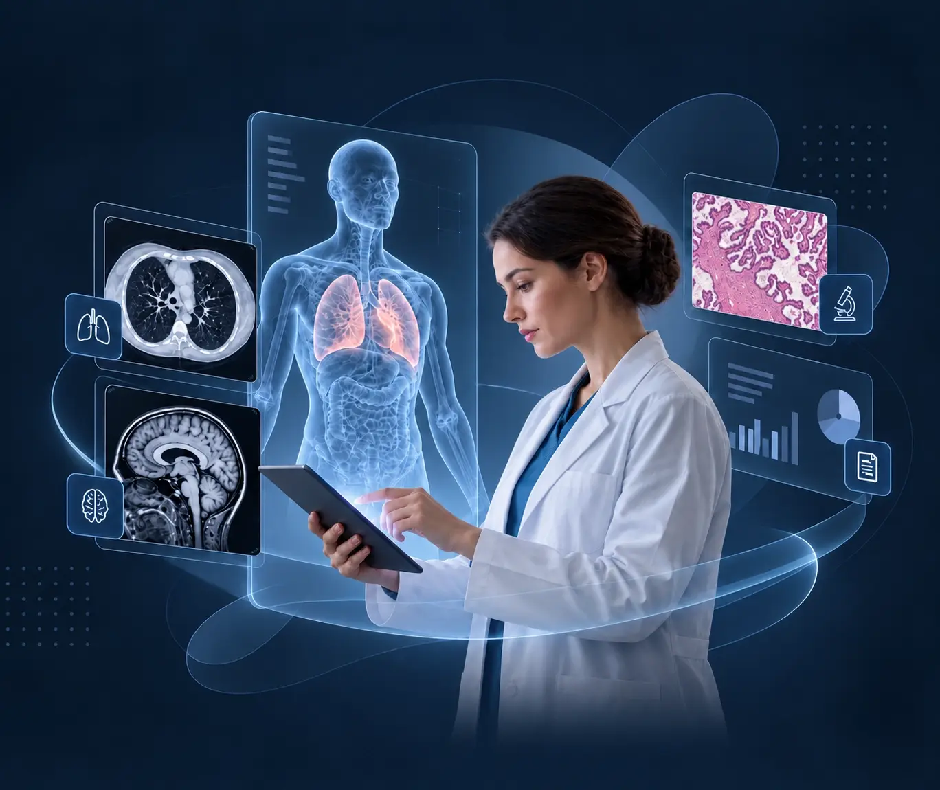 Medical specialist reviewing radiology scans and digital pathology images
