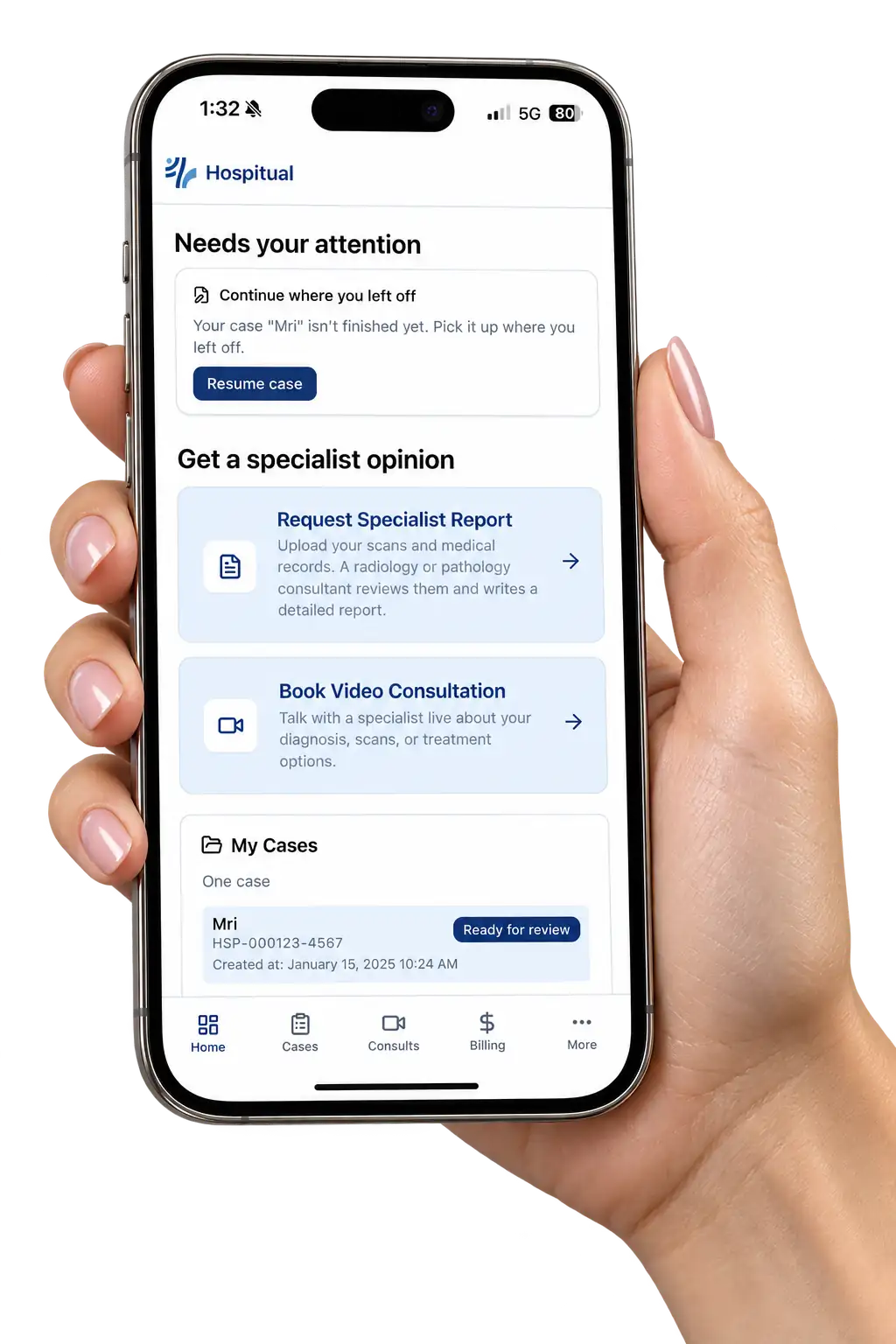 Hospitual mobile app displayed on an iPhone, offering medical second opinions and specialist consultations.
