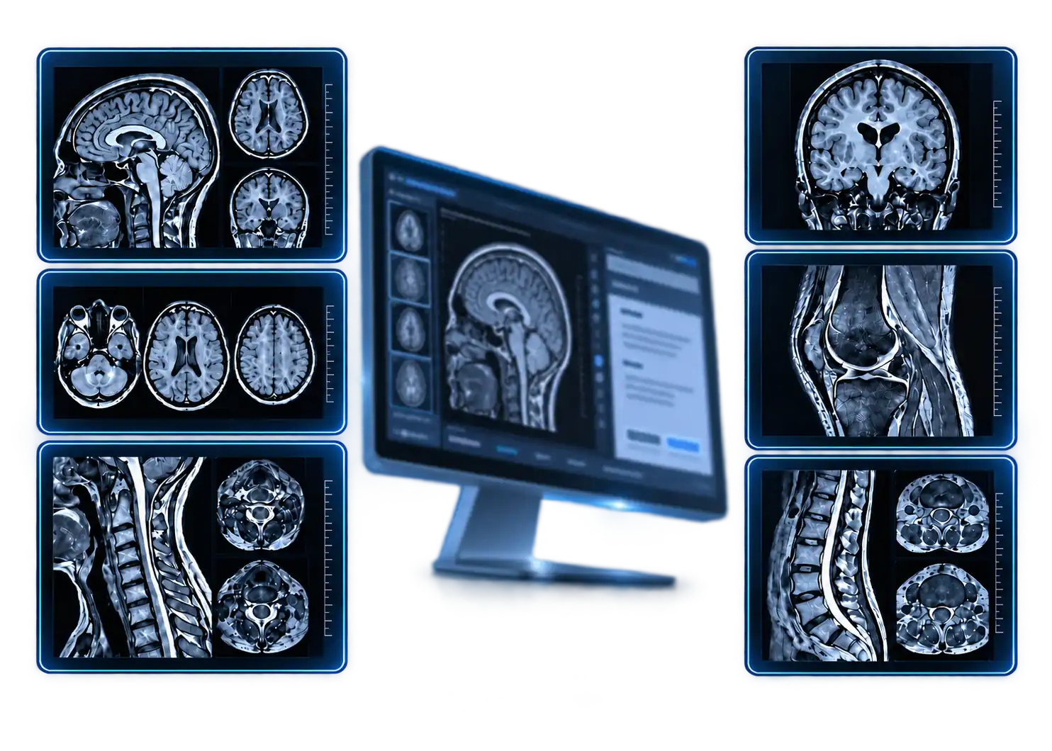 MRI second opinion illustration showing brain, spine, shoulder, hip and knee MRI studies