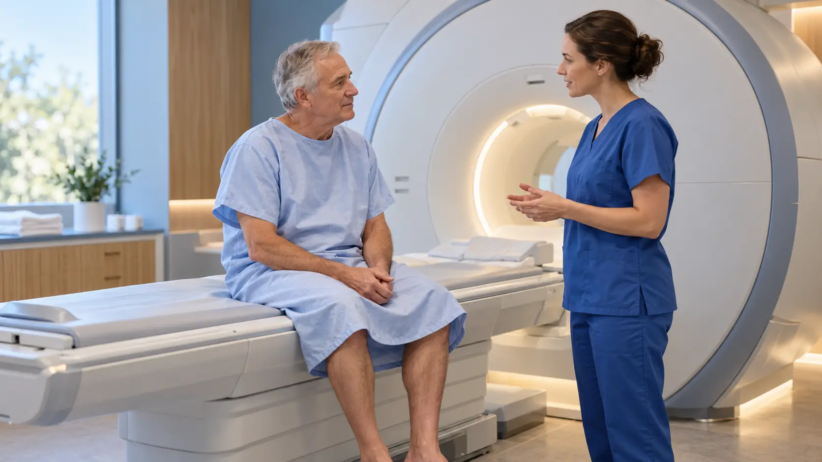 Man speaking with a radiographer beside an MRI scanner before his examination.
